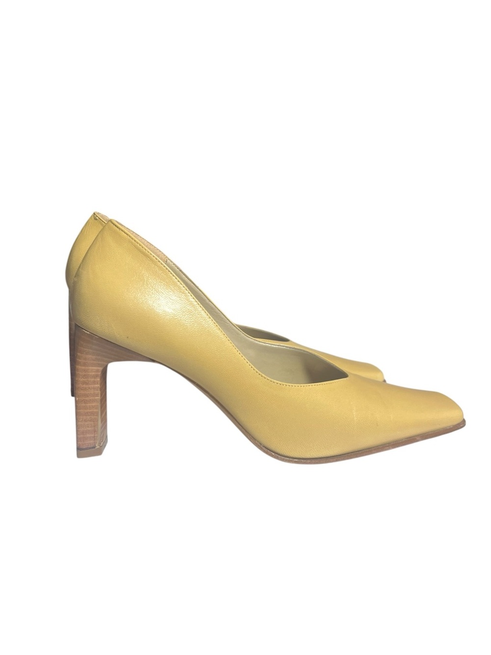 Vintage Peluso square-toe leather pumps in a vibrant pastel yellow